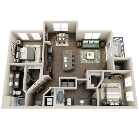Floor plan for 2 beds, 2 baths, 1123 sqft